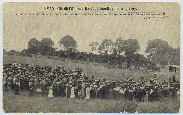 A Western Mail postcard of Evan Roberts’ last revival meeting on Anglesey